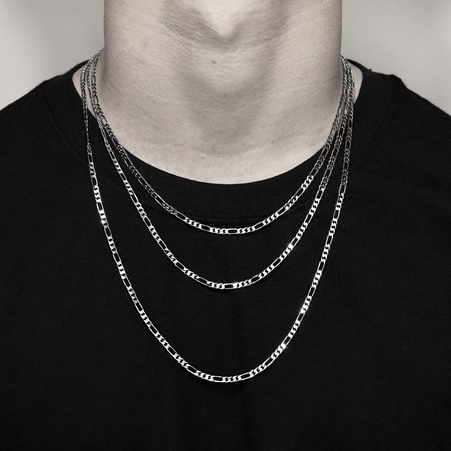 Sterling Silver Platinum Plated Diamond Cut Figaro Chain