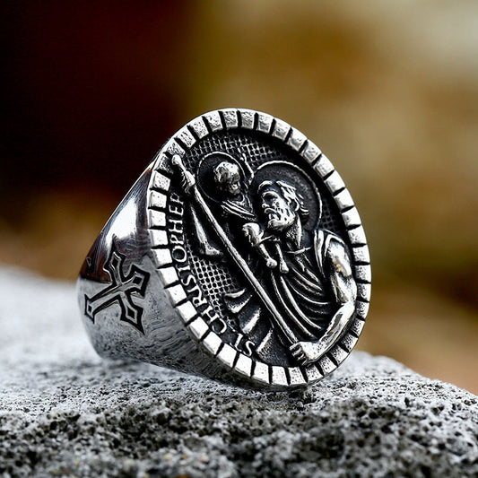 St Christopher Protect Us Stainless Steel Ring