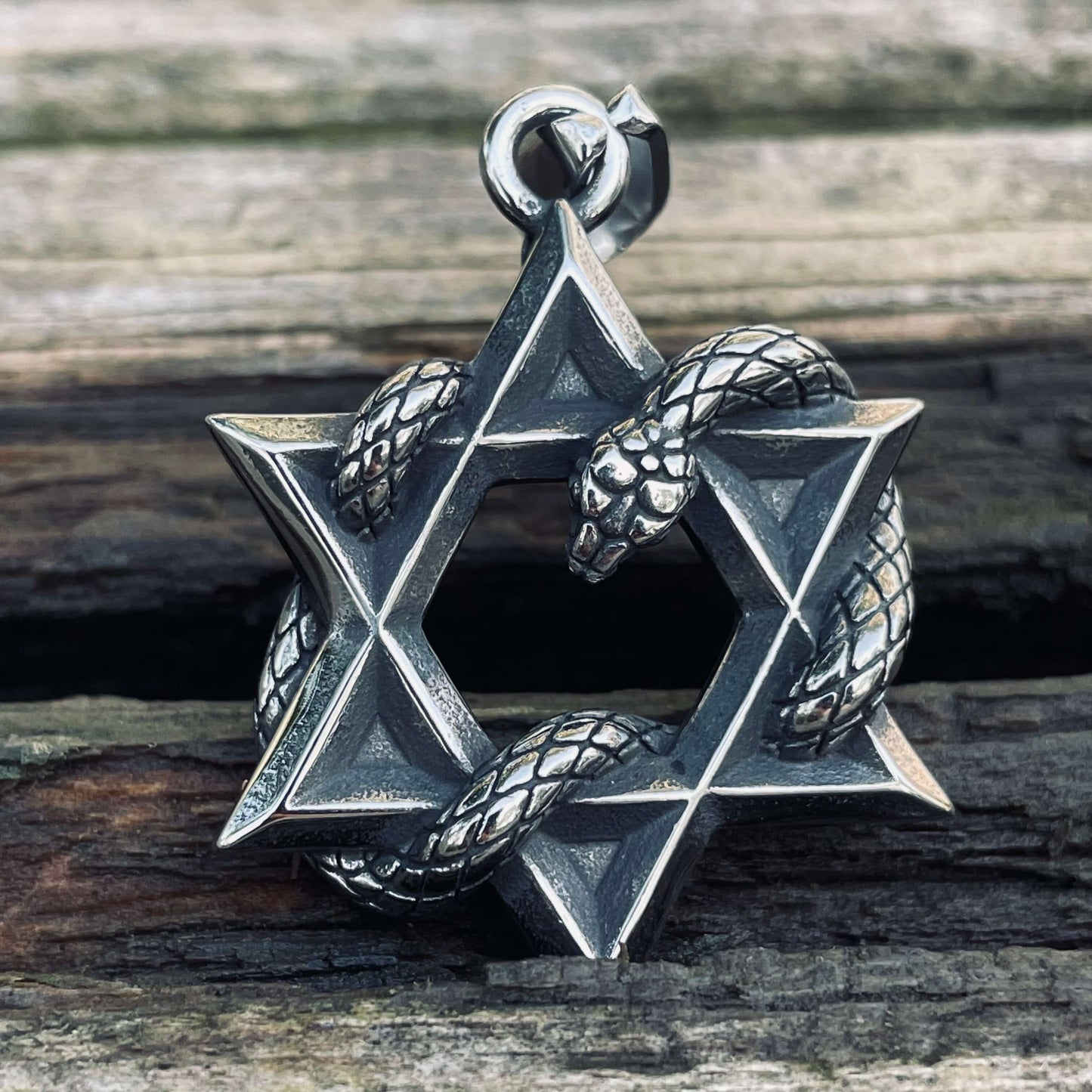 Star Of David Curled Snake Stainless Steel Pendant