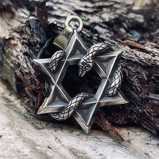 Star Of David Curled Snake Stainless Steel Pendant