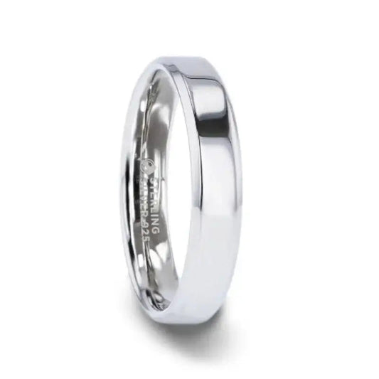 LUCY Sterling Silver Polished Flat-Center Women’s Wedding Band with Beveled Edges - 4mm