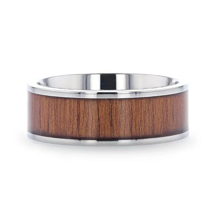 HONUA Flat Titanium Wedding Band with Rare Koa Wood Inlay and Polished Edges - 8mm