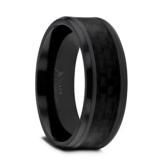 OXYN Black Titanium Polished Beveled Edges Black Carbon Fiber Inlaid Men’s Wedding Band - 6mm & 8mm