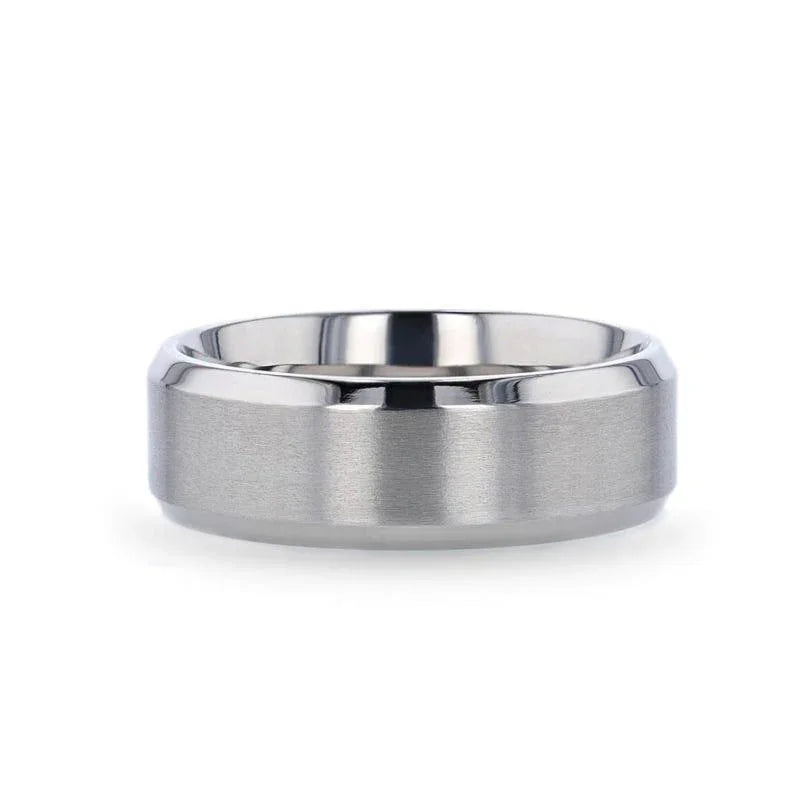 SHIRE Titanium Men’s Flat Wedding Ring, Brushed Center with Polished Beveled Edges — 6mm & 8mm