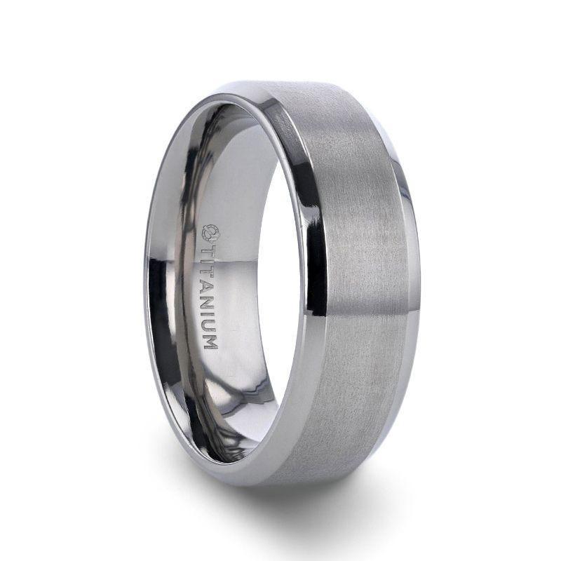 SHIRE Titanium Men’s Flat Wedding Ring, Brushed Center with Polished Beveled Edges — 6mm & 8mm