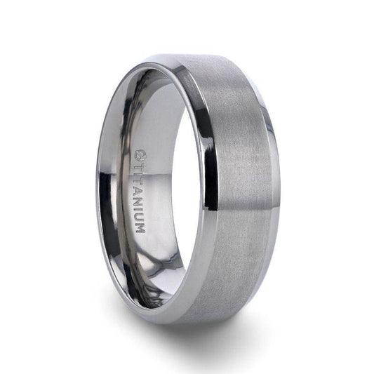SHIRE Titanium Men’s Flat Wedding Ring, Brushed Center with Polished Beveled Edges — 6mm & 8mm