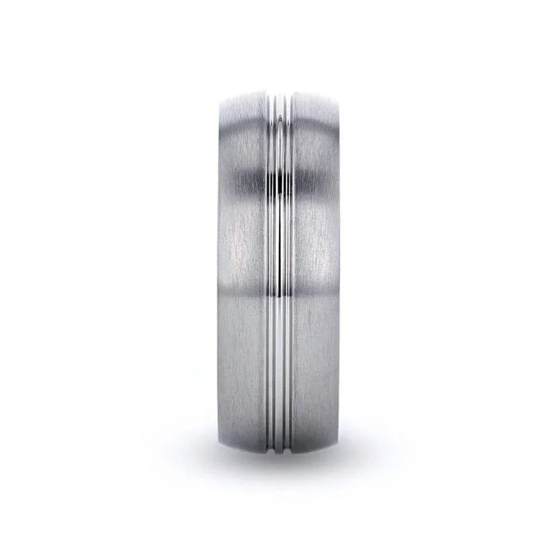 UPTON Titanium Brushed Finish Men’s Wedding Ring with Polished Grooved Center - 8mm
