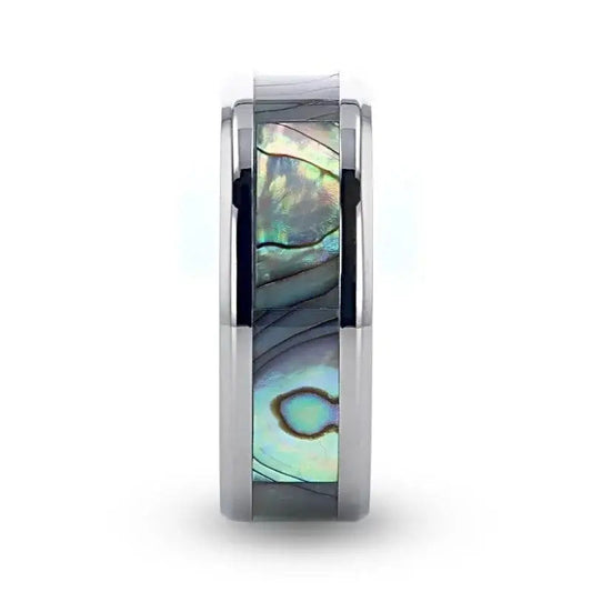 KAUI Titanium Polished Finish Mother Of Pearl Inlaid Men’s Beveled Wedding Band - 6mm & 8mm