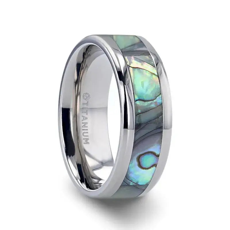 KAUI Titanium Polished Finish Mother Of Pearl Inlaid Men’s Beveled Wedding Band - 6mm & 8mm