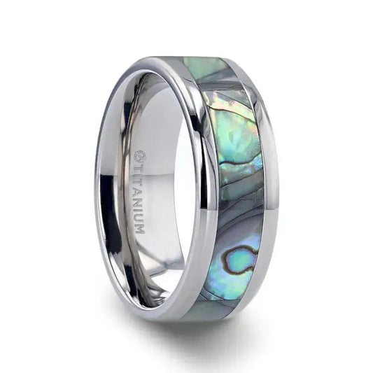 KAUI Titanium Polished Finish Mother Of Pearl Inlaid Men’s Beveled Wedding Band - 6mm & 8mm