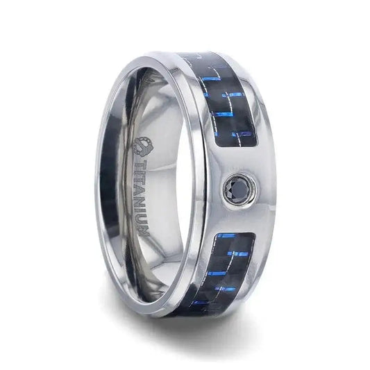PACIFIC Black And Blue Carbon Fiber Inlaid Titanium Men's Wedding Band With Beveled Polished Edges and Black Sapphire Center Stone - 8mm