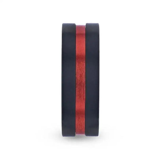BLAZE Flat Brushed Black Titanium Men's Wedding Band With Red Aluminum Groove Brushed Center - 8mm
