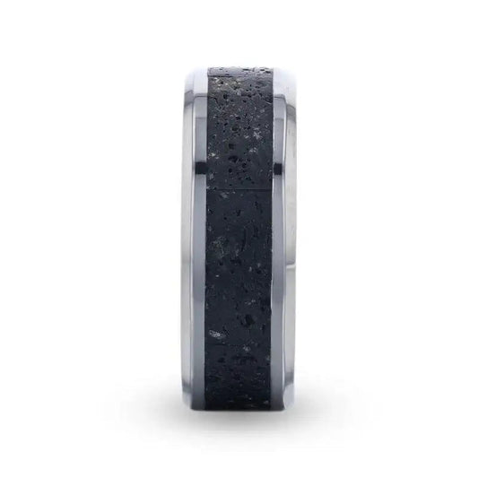 MAUNA Black And Gray Lava Inlaid Titanium Men's Wedding Band With Polished Beveled Edges - 8mm