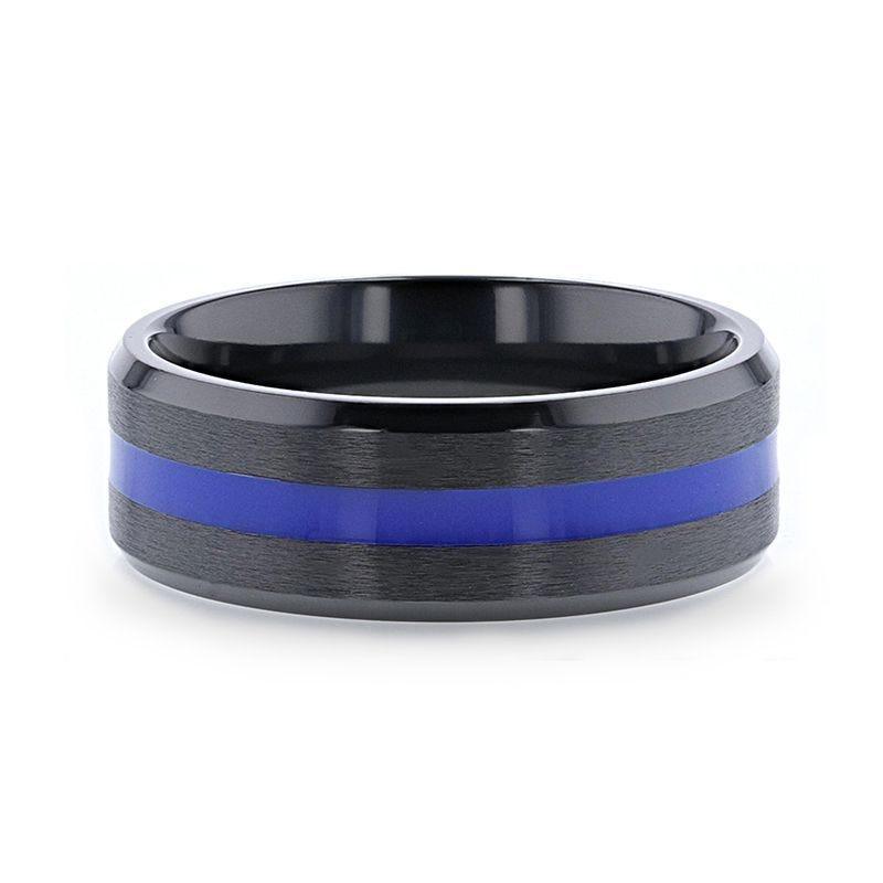 JACKSEN Black Titanium Men's Wedding Band Beveled Black Titanium With Blue Stripe Inlaid Brushed Finish Center And Polished Beveled Edges - 8mm