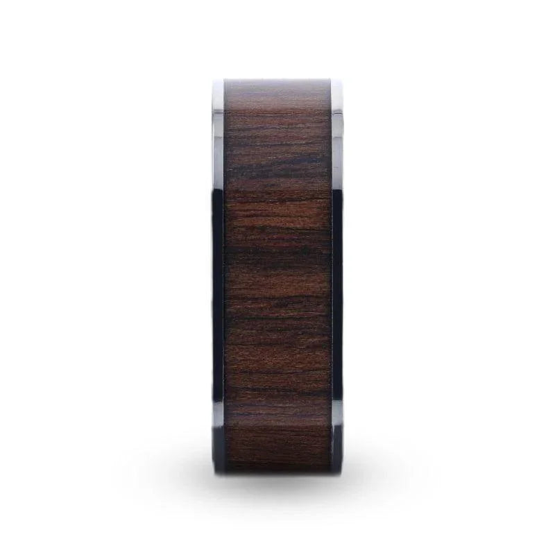 LOGAN Flat Polished Black Walnut Wood Inlaid Titanium Men's Wedding Band With Flat Polished Edges - 8mm