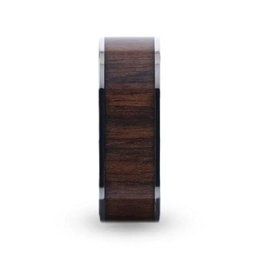LOGAN Flat Polished Black Walnut Wood Inlaid Titanium Men's Wedding Band With Flat Polished Edges - 8mm