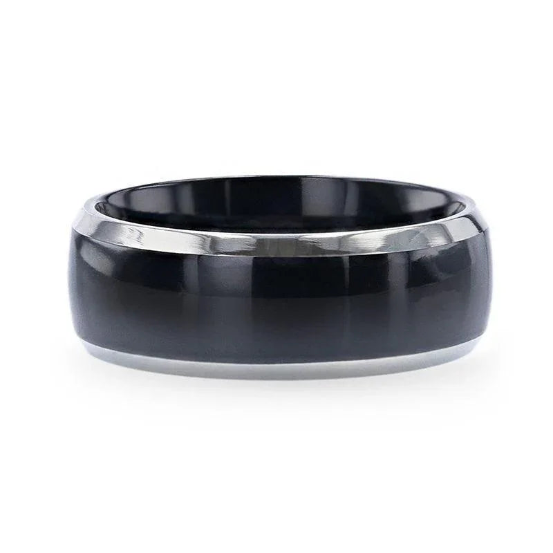 SALEEN Domed Polished Finish Black Titanium Men's Wedding Ring With Beveled Polished Edges - 8mm