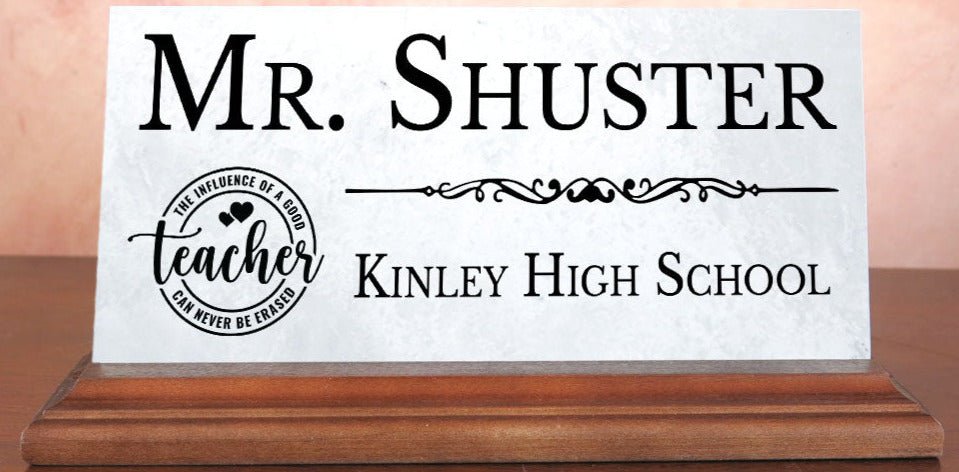 Teacher Desk Nameplate – Personalized Marble Name Plaque with School Name & Badge Design