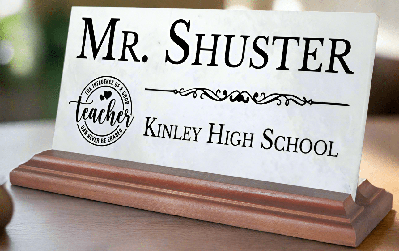 Teacher Desk Nameplate – Personalized Marble Name Plaque with School Name & Badge Design