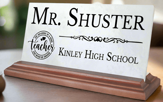 Teacher Desk Nameplate – Personalized Marble Name Plaque with School Name & Badge Design