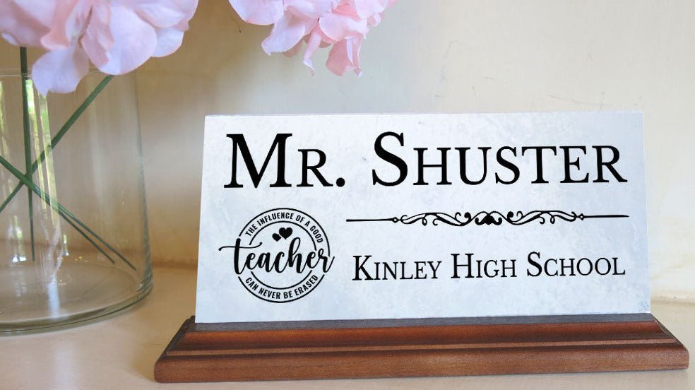 Teacher Desk Nameplate – Personalized Marble Name Plaque with School Name & Badge Design