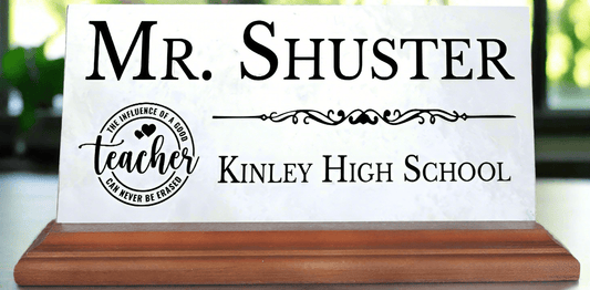 Teacher Desk Nameplate – Personalized Marble Name Plaque with School Name & Badge Design
