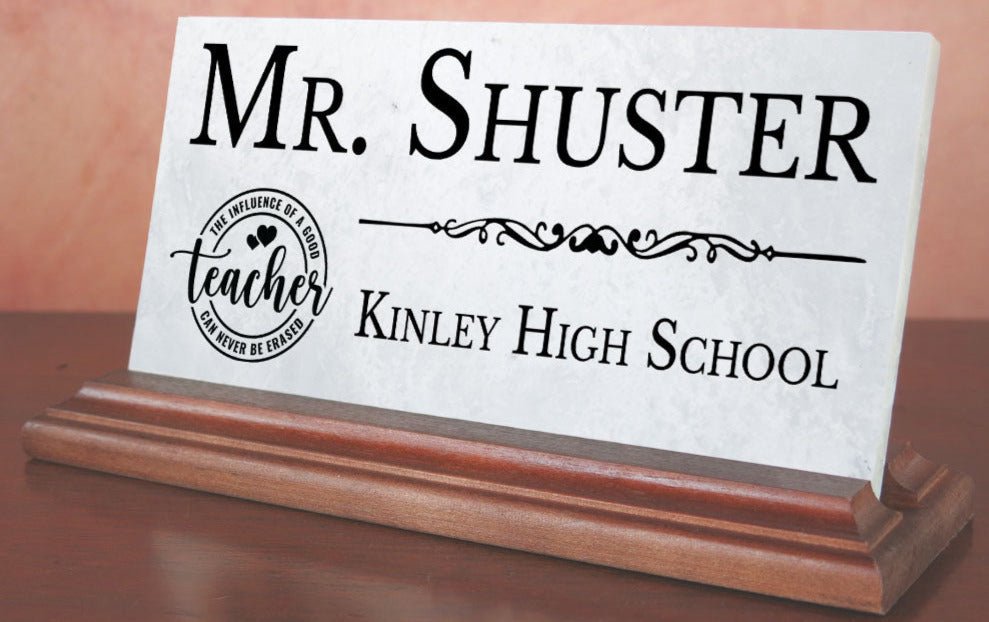 Teacher Desk Nameplate – Personalized Marble Name Plaque with School Name & Badge Design
