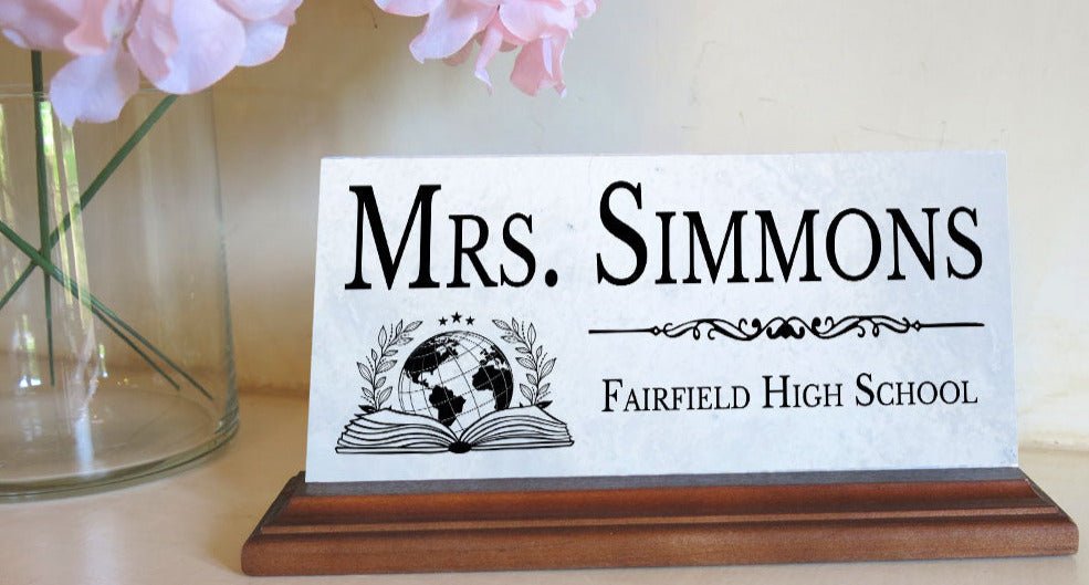 Teacher Desk Nameplate – Custom Marble Plaque with Name & School