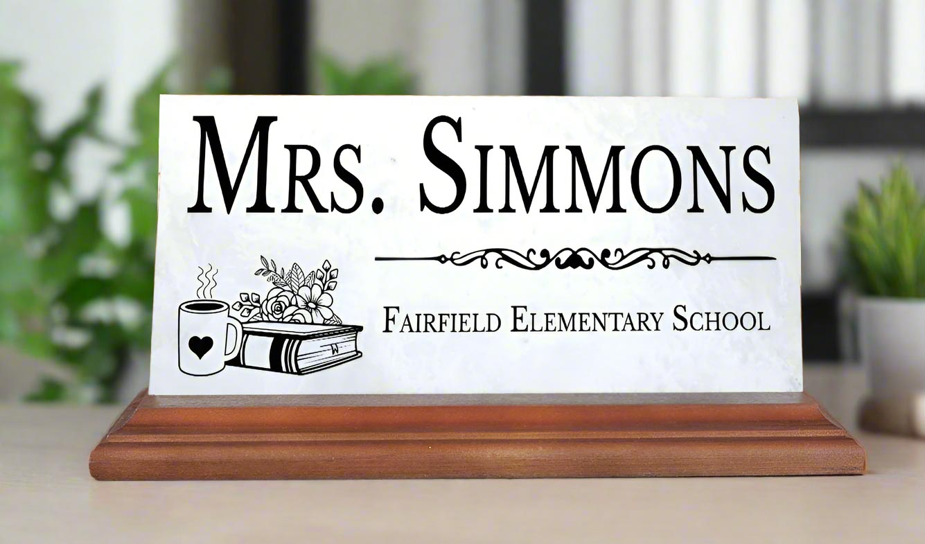Teacher Desk Nameplate – Personalized Marble Gift with Name & School