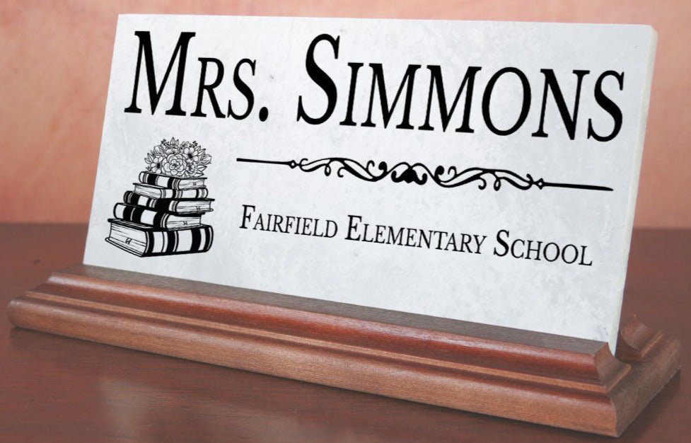 Personalized Teacher Desk Nameplate – Custom Marble Gift with Name & School