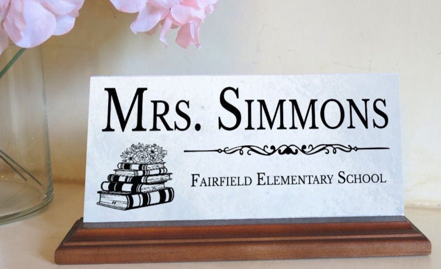 Personalized Teacher Desk Nameplate – Custom Marble Gift with Name & School