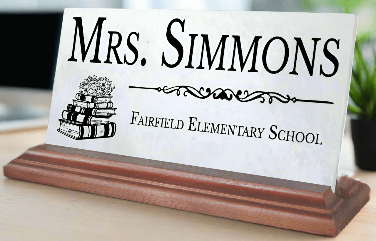 Personalized Teacher Desk Nameplate – Custom Marble Gift with Name & School
