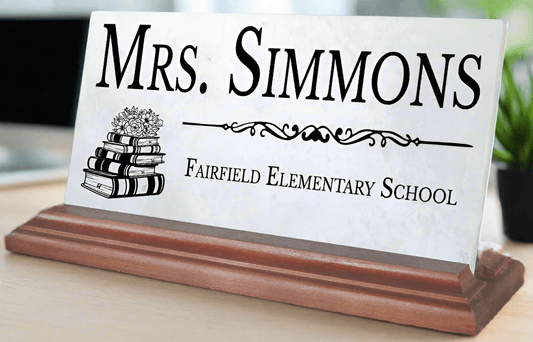 Personalized Teacher Desk Nameplate – Custom Marble Gift with Name & School