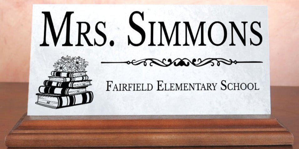 Personalized Teacher Desk Nameplate – Custom Marble Gift with Name & School