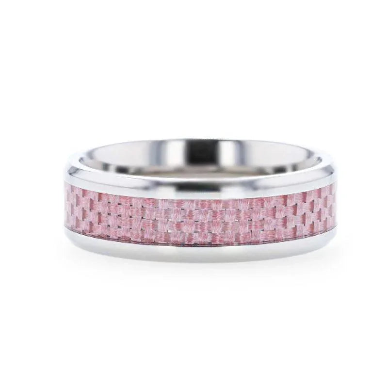 DOMINIQUE Pink Carbon Fiber Inlaid Titanium Flat Polished Finish Band With Beveled Edges - 8mm