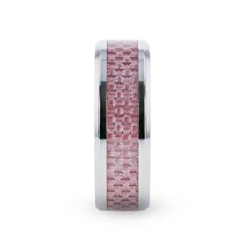 DOMINIQUE Pink Carbon Fiber Inlaid Titanium Flat Polished Finish Band With Beveled Edges - 8mm