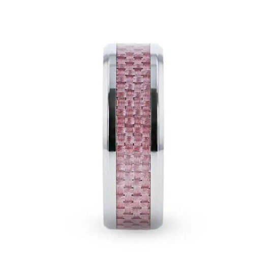 DOMINIQUE Pink Carbon Fiber Inlaid Titanium Flat Polished Finish Band With Beveled Edges - 8mm