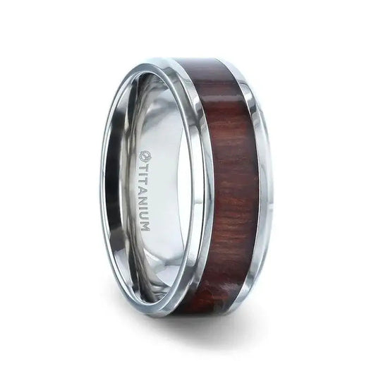 SEQUOIA Redwood Inlaid Titanium Flat Polished Finish Men's Wedding Ring With Beveled Edges - 8mm