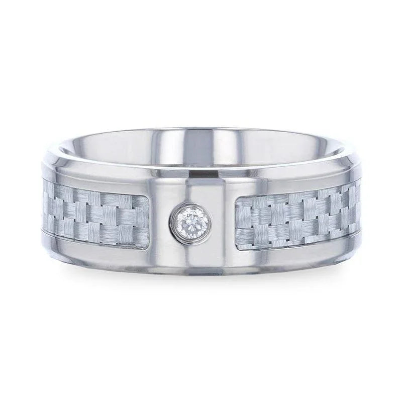 MAYBACH Light Gray Carbon Fiber Titanium Men's Wedding Band with White Diamond In The Squared Center Setting And Polished Beveled Edges - 8mm