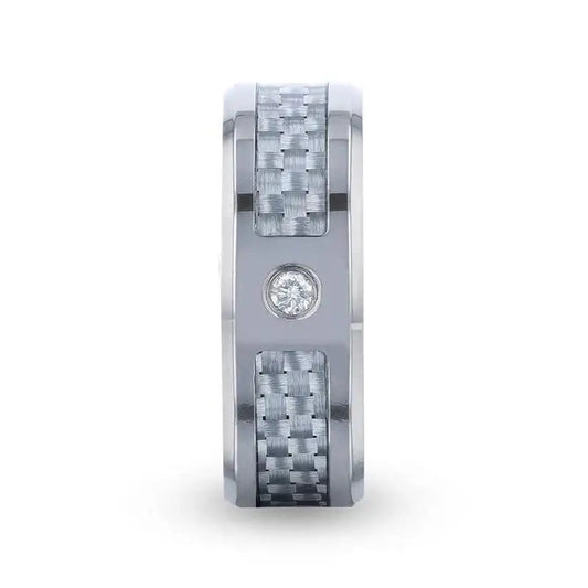 MAYBACH Light Gray Carbon Fiber Titanium Men's Wedding Band with White Diamond In The Squared Center Setting And Polished Beveled Edges - 8mm