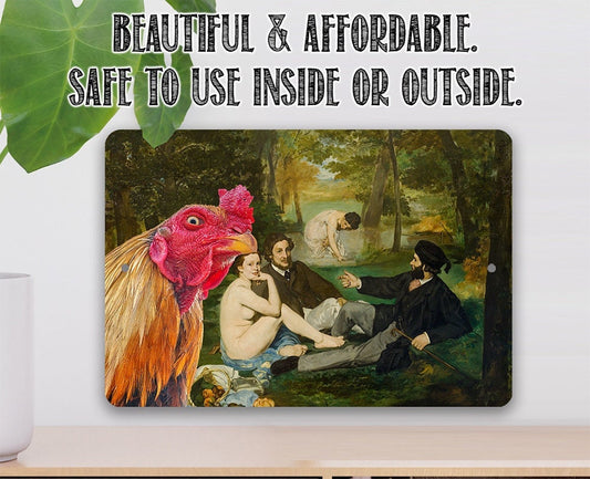 The Luncheon on the Grass Painting - Interrupted by Rooster - Metal Sign
