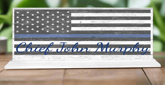 Thin Blue Line Sign Personalized With Name for Mantel or Shelf - SOLID WOOD 16.5in x 6in