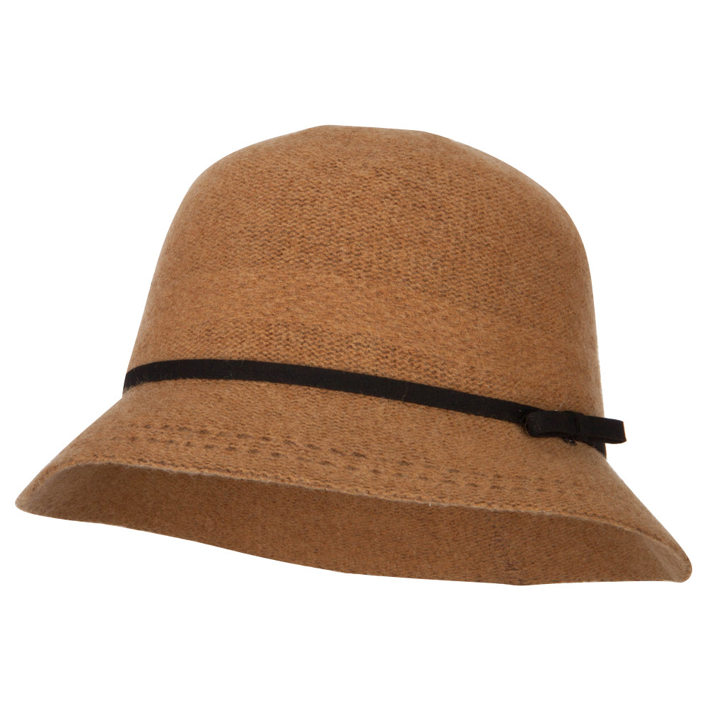 Women's Wool Tie Accented and Stitching Brim Edge Cloche Bucket Hat