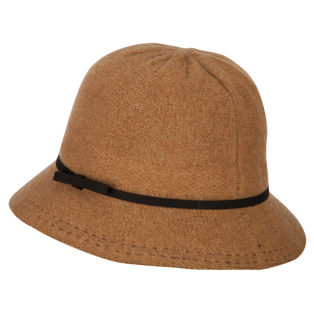 Women's Wool Tie Accented and Stitching Brim Edge Cloche Bucket Hat