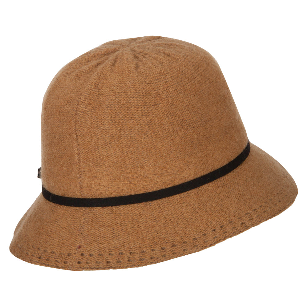 Women's Wool Tie Accented and Stitching Brim Edge Cloche Bucket Hat