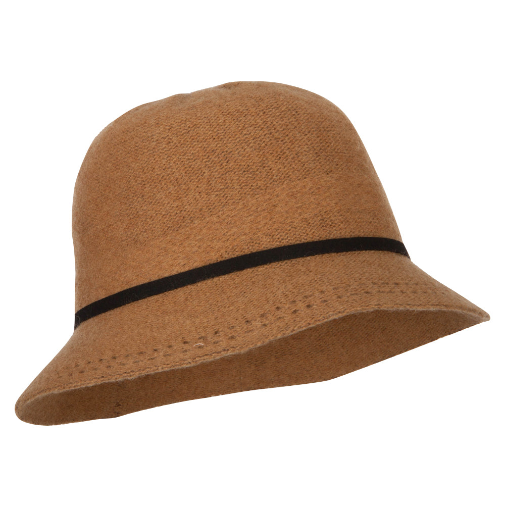 Women's Wool Tie Accented and Stitching Brim Edge Cloche Bucket Hat
