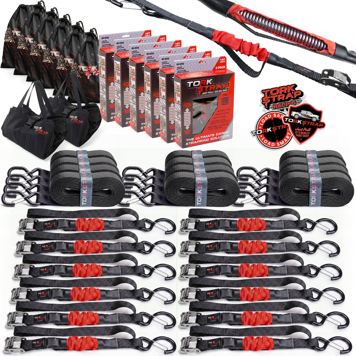 TorkStrap M500 | 14'x1'' Spring Loaded Tie Down Straps - 1500lbs Max Load. (2, 4, 8, 12, Pack)