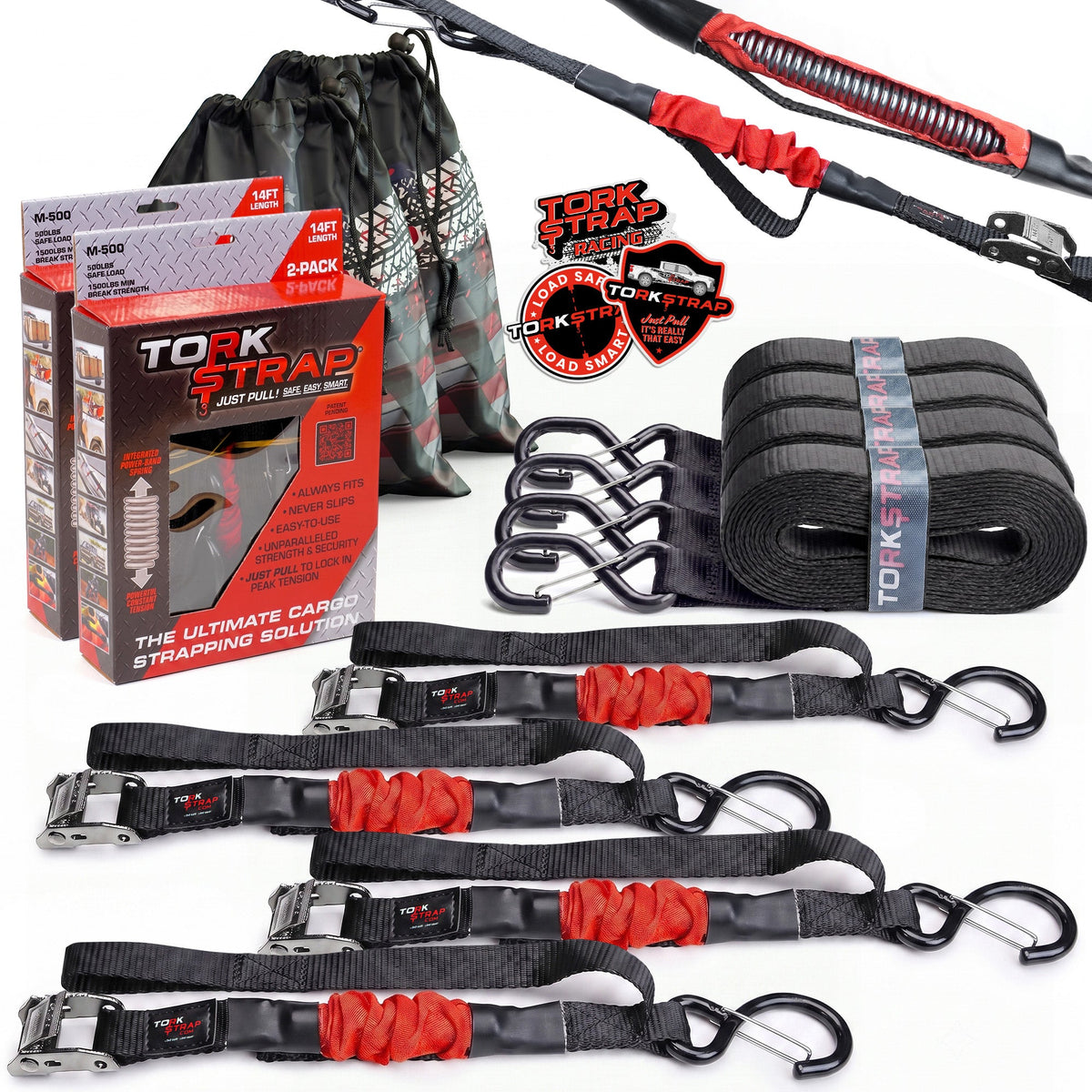 TorkStrap M500 | 14'x1'' Spring Loaded Tie Down Straps - 1500lbs Max Load. (2, 4, 8, 12, Pack)