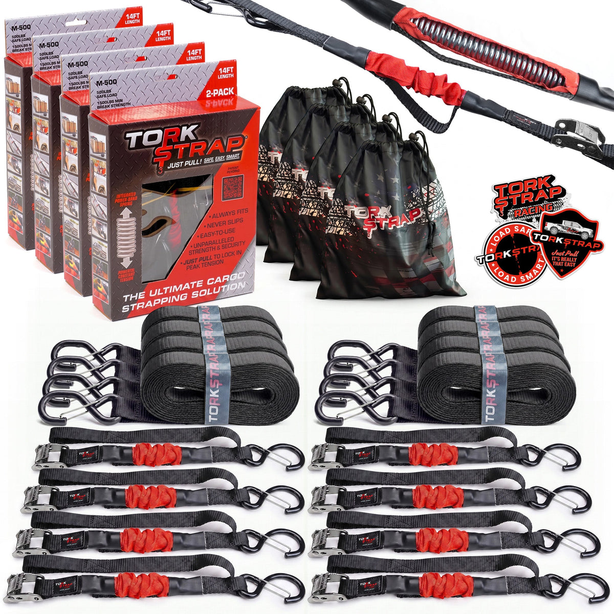 TorkStrap M500 | 14'x1'' Spring Loaded Tie Down Straps - 1500lbs Max Load. (2, 4, 8, 12, Pack)