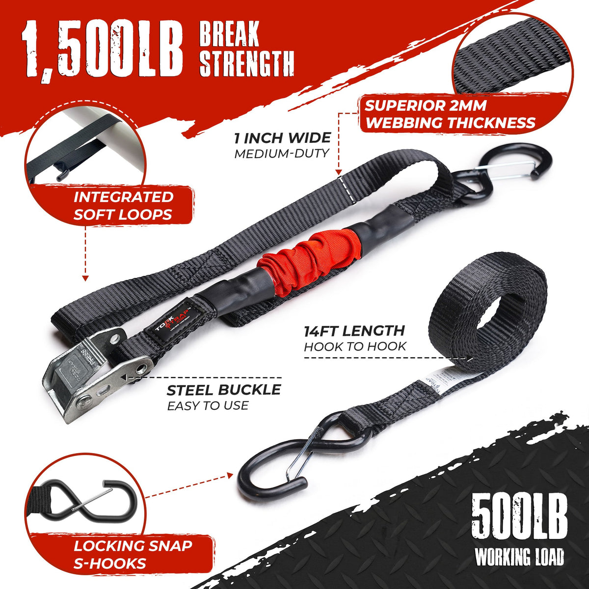 TorkStrap M500 | 14'x1'' Spring Loaded Tie Down Straps - 1500lbs Max Load. (2, 4, 8, 12, Pack)